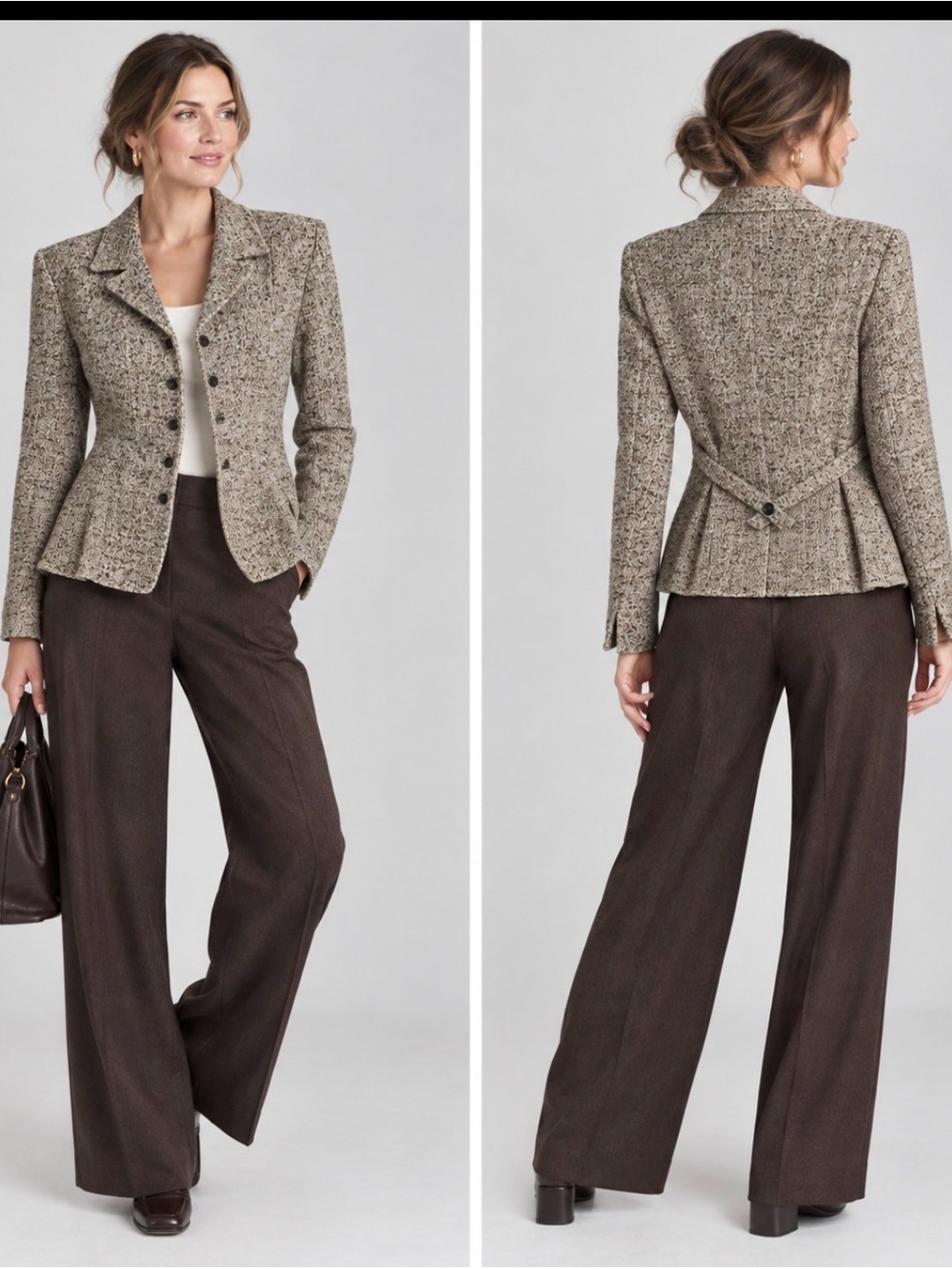 Vtg 90s Jones New York Brown Tweed Structured Blazer Half Belt Wool Blend 10
